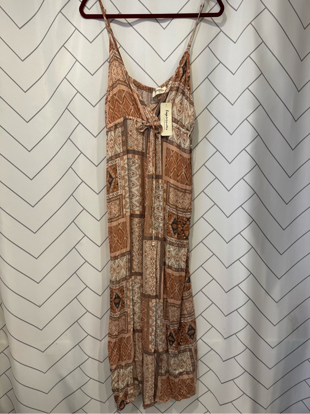 Impressions Rust and Cream Patchwork Maxi Dress with Tie Front